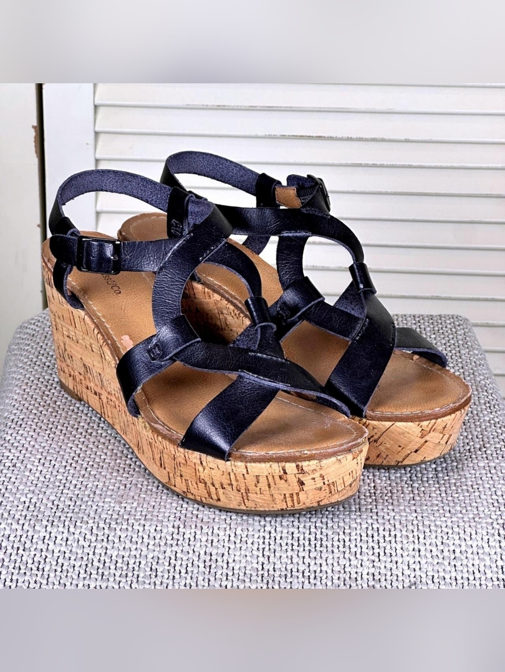G.H. Bass & Co. Black Leather Cork Wedge Caged Platform Sandals